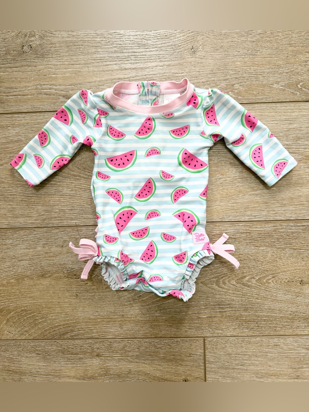 RuffleButts Watermelon Striped Long Sleeve One-Piece Rash Guard Swimsuit 0-3M